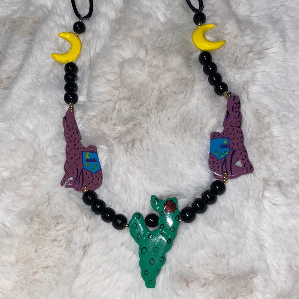 Hand Painted Folk Art Wolf, Moon & Cactus Necklace